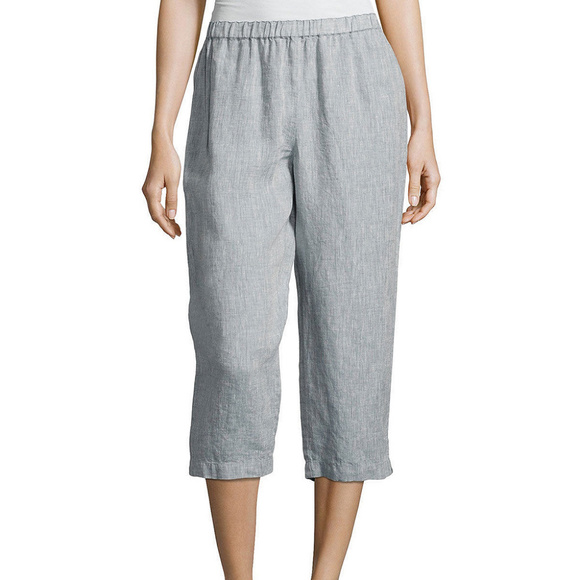 EILEEN FISHER Blue Chambray Yarn Dyed Handkerchief Linen Cropped Pants M